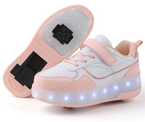 Schuhe mit Rollen für mädchen jungen Verstellbare Rollschuhe Schuhe Einziehbar Turnschuhe mit rollen für Kinder LED Blinkend Roller Skate Shoes für Outdoor-Sportarten,Rosa,33EU