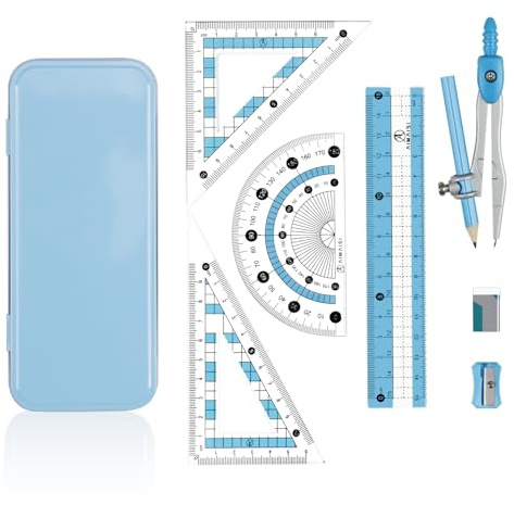 Maths Set | Compass Maths Protractor and Compass Set | Triangle Ruler Protractor Rubber Pen Geometry Sets with Storage Tin | Maths Sets for Secondary School (8Pcs Blue)