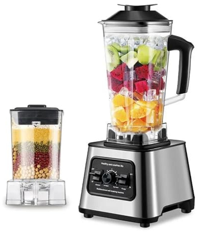 6000W 2.5L Blender Smoothie Maker, 2 in 1 Food Jug Blender with 4 Sharp Stainless Steel Blades, Ice Crusher, Mill, Coffee/Spice Grinder (UK Plug)