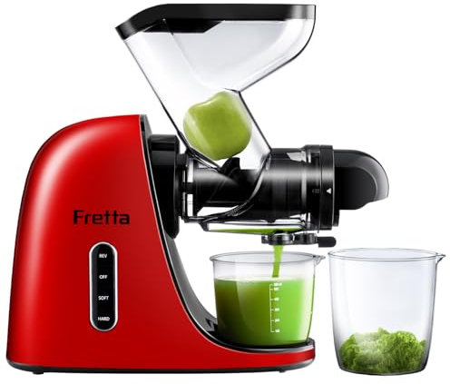 Fretta Slow Masticating Juicer Machine, BPA-Free Cold Press Juicer with Wide Dual Feed Chute, Auto Reverse, High Nutrient Extraction, Quiet Motor, Empire Red