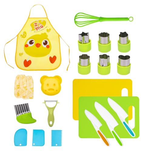 AIXMEET Set Di 21 coltelli per bambini, Plastica Coltelli per Bambini,Coltello per Bambini Montessoricon Bordi di Taglio Seghettati per Frutta, Pane, Verdura, Grembiule