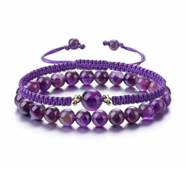 GEHECRST Edelstein 2 Stück Wickelarmband Heilsteine Kette Set Amethyst Halskette Mehrschichtiges Armbänder Perlenarmbänder Amulett für Yoga Heilung Reiki und Meditation