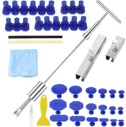 Kit Herramientas Reparación Abolladuras: Extractor de Abolladuras de Coche con 22 Pestañas, 2 Barras Pegamento y Abolladuras de Barra en T de Martillo Deslizante
