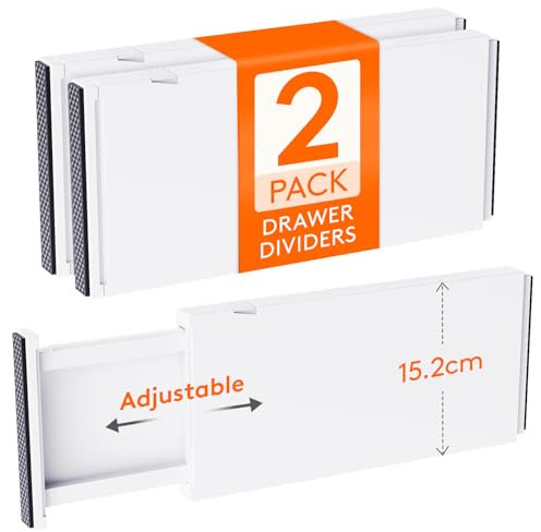 Lifewit 2 Pezzi Divisori per Cassetti, Regolabili Separatori per Cassetti 34-56 cm Alti 15 cm Plastica Organizer Cassetti per Cucina Bagno Armadio Biancheria per Calzini Mutande, Bianco
