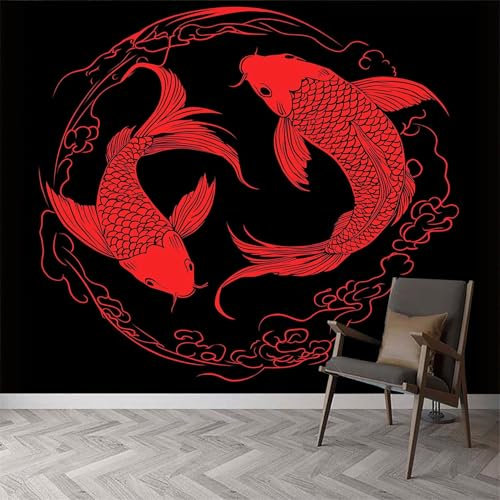 Japanese Style Tattoo Fish Photo Wallpaper, 400W x 280H cm Premium Non-Woven Wall Mural Japanese Style Wall Art Print Fleece - Wallpaper Mural Decoration Poster Picture Design Modern