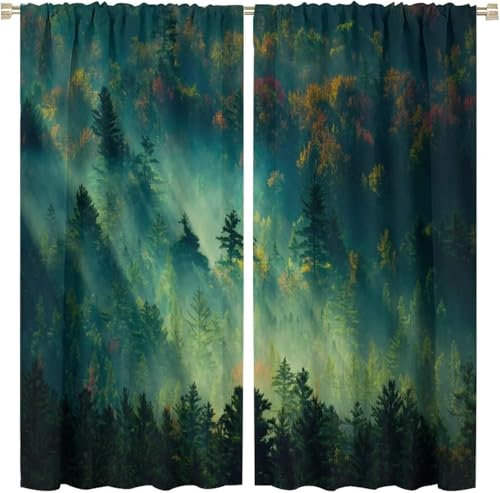 Vorhang Kinderzimmer Waldlandschaft Kinder Vorhänge Mit Ösen Polyester Gardinen Thermovorhang Blickdicht Ösenschal Kindergardinen 280X250 cm (B + H) Für Wohnzimmer,2Er Set-92383313