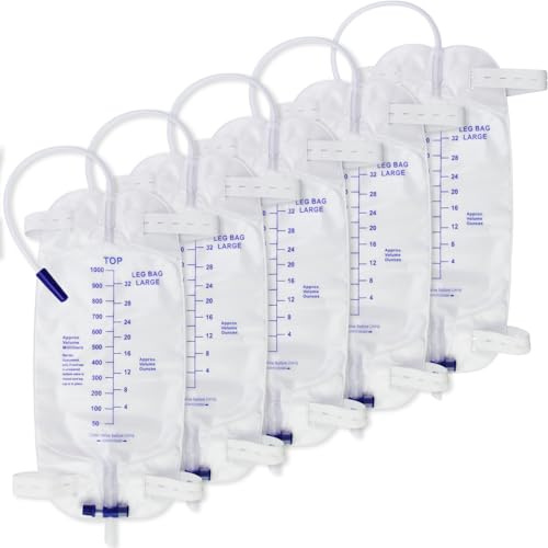 5PCS Leg Urinary Drainage Bags,1000ML Large Capacity Catheter Leg Bag,2 Adjustable Elastic Straps,Easy to Turn Over for Drainage,Automatic Drain Switch,Professional Urinary Bag for Men And Women