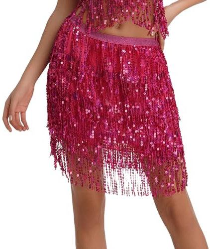 Glänzender Pailletten-Minirock mit Fransen für Damen, Nachtclub-Rock, Bühne mit funkelndem Kostüm, modischer Rock, kurzer Faltenrock für Damen, hot pink, M
