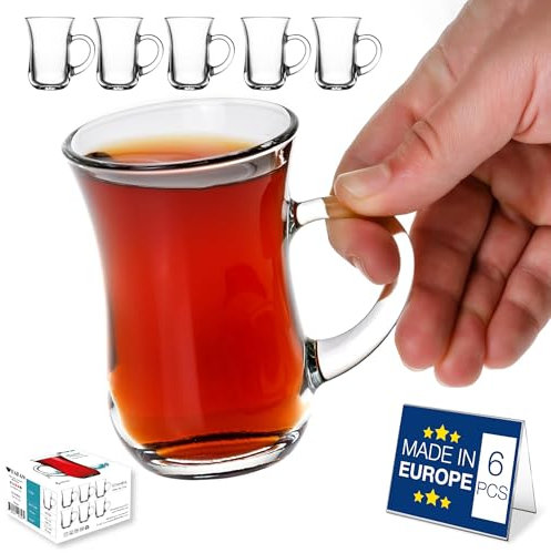 Hakan Istanbul - 6 vasos de té turco con asas, tazas de té de vidrio pequeñas, juego de tazas de té turco transparente, vasos de té modernos, vasos de té para bebidas frías y calientes con caja