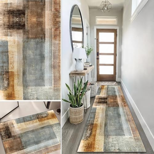 Lanmuvo Teppich Läufer 50x160cm rutschfest Küchen Teppich, Waschbar Teppichläufer Flurteppich Flur Küchenläufer für Korridor, Modern Vintage Teppichläufer für Wohnzimmer, Küche, Anpassbar