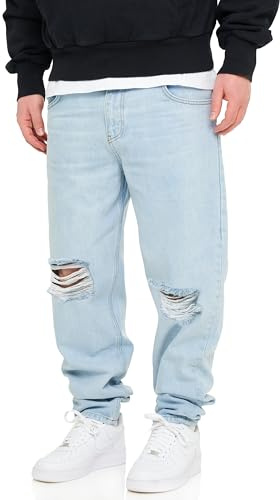 behype. Herren Jeans Ripped Tapered-Fit Jeanshose 100% Baumwolle Denim Baggy Hose Used Look Men's DC_JN-244-Ice Blue-W33/L32