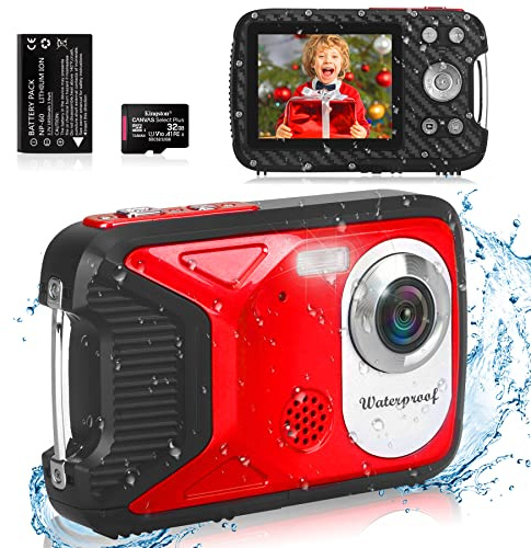 Waterproof Digital Camera with 32GB Card HD 1080P 36MP Underwater Digital Camera for Kids Teens Students Boys Girls(Red)