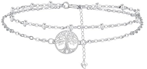 Hifeeled Arbre de Vie Bracelet de Cheville pour Femme Argent Sterling 925 Double Chaînes avec Boules Été Pieds Nus Plage Chaînes de Cheville, Réglable -22+4cm