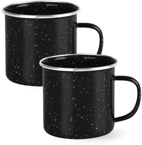YZROHYI 2 Stück Camping Becher Emaille Tasse 350 ML, Emaille Becher Edelstahl, Retro Kaffeebecher, Enamel Mug, Outdoor Tasse, Kaffeetasse mit Henkel, Wanderbecher Mehrweg für Zuhause