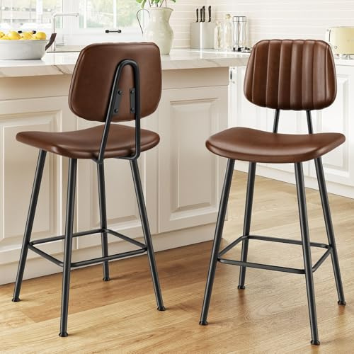 Raynesys 24-Inch Leather Bar Stools Set of 2, Counter Height Barstools with High Backrest，Bar Chairs for Kitchen Island with Heavy Duty Metal Legs, Dark Brown