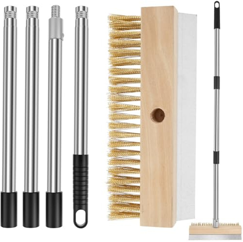 Pizza Oven Brush with Scraper, Brass Bristle Pizza Stone Brush with 145cm Detachable Long Handle Practical Heavy Duty BBQ Cleaning Tool for Commercial Home Kitchen Outdoor BBQ Grill
