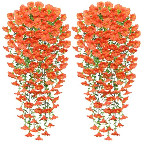 Weldomcor 2 Stück Hängepflanze Künstlich Herbstdeko Kunstblumen Hängend Herbstblumen mit Eukalyptus Herbst Künstliche Hängepflanzen Blumen wie Echt für Wand Haus Garten Dekoration (Orange)