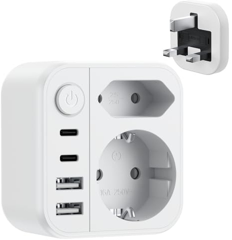 Dalimee Reiseadapter UK Typ G, 7 in 1 Adapter England Deutschland Stecker mit 2 AC Schuko (Typ C/E/F), 2*USB-C, 2*USB-A und Netzschalter, UK Adapter für EU zu England, Schottland, Irland, Dubai