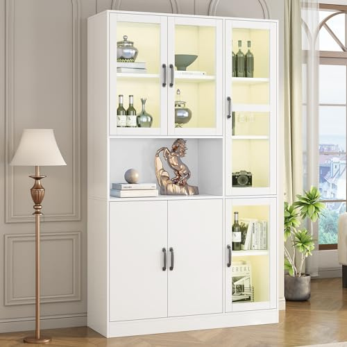 Kebnor Vetrina bianca, scaffali con ante, scaffali da terra per libri, credenza da cucina grande, armadio dispensa, scaffale di lusso con luce LED, armadio vetrina con ripiani (120 x)