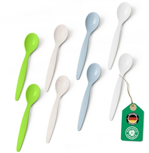 Bio Löffel 8er Set – 14 cm Mehrweglöffel Familienpack BPA-frei & recycelbar – aus Zuckerrohr, Eierlöffel, Kinderlöffel, leicht & schadstofffrei – spülmaschinengeeignet – Made in DE – 4 Farben je 2x