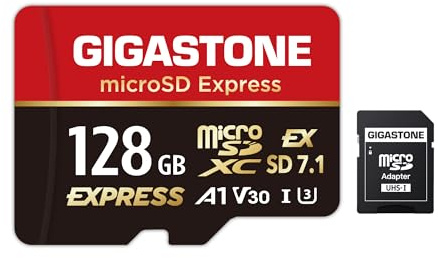 【Für Switch 2 entwickelt】GIGASTONE 128GB microSD Express Speicherkarte SDXC, bis zu 880/500MB/s, SD 2.0 3.0 5.0 7.1 UHS-I UHS-II, Action-Kameras Drohnen, V30 U3, mit SD-Adapter 【5 Jahre Datenrettung】