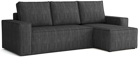 Ecksofa L Form Bergamo 240x142 cm mit Schlaffunktion und Bettkasten Couch Cord Schlafsofa Schlafcouch universale Seite klein Flur Sofa, 3 Sitzer Wohnlanschaft Cornersofa Bettsofa Kissen grau