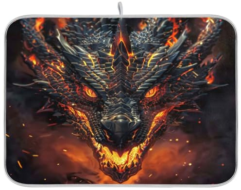 Kcldeci Cool_fire_Dragon Face Head Dish Drying Mat Kitchen Counter Mat Draining Mat Kitchen Accessories Dish Rack Pad for Dishes, Utensils, Countertops, Sinks 18x24in