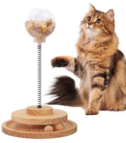 FARYODI Jouet pour chat avec balle de nourriture en bois - Jouet pour chat avec plateau tournant - Balle interactive et perte de poids - Pour chats de petite à moyenne taille