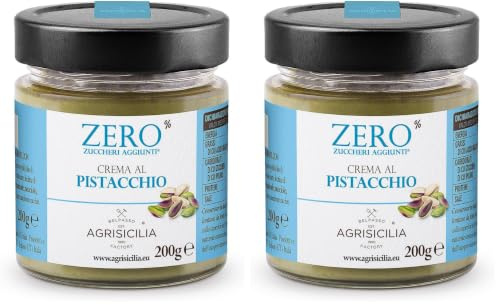 Agrisicilia crema spalmabile al Pistacchio zero% zuccheri aggiunti con poche calorie e ideale per colazione e merenda vasetto da 200 grammi (Confezione da 2)