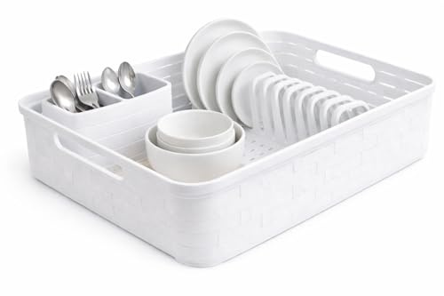 Escurreplatos de Plástico con Diseño Bamboo, Escurridor de Vajilla con Bandeja Anti-Goteo y Porta Cubiertos, Organizador de Cocina para Platos y Vasos, 44 x 30 x 10 cm, Blanco, Fabricado en España