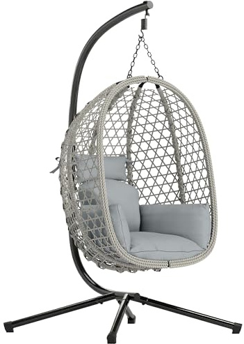 Outsunny Hanging Egg Chair w/Stand Safety Strap Indoor Outdoor Light Grey | Rattan Hammock Swing Chair, Foldable Basket, Thick Cushion, Headrest, Metal Frame, Garden Balcony Patio Lounge Porch