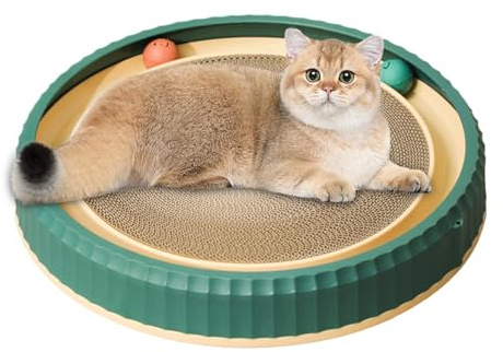Kratzmatte für Katzen, rund, Karton mit Spielzeugbällen, rutschfester Unterseite, Kätzchen-Spielbett, verschleißfestes Wellpapier, Kratzmöbel, 40 x 7 cm, Grün / Blau für Trainingsbereicherung