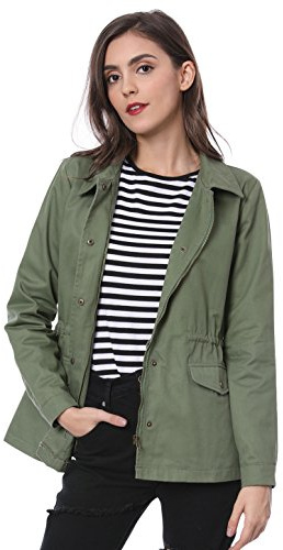 Allegra K Women's Utility Jacket Zip Up Drawstring Waist Snap Buttons Lightweight Anorak Jackets with Pockets X-Large Green