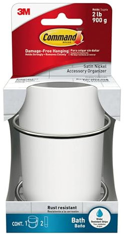 Command Bath Accessory Organizer, Satin Nickel - 1 Organiser and 2 Water-Resistant Adhesive Strips, Toothbrush Holder - Damage Free Hanging - Holds up to 900 g