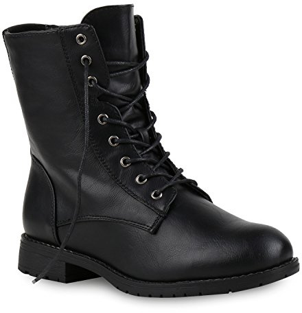 Damen Schnürstiefeletten Boots Camouflage Stiefeletten Leder-Optik Schnür Übergrößen Schuhe 121963 Schwarz Camargo 38 Flandell