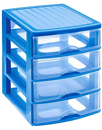 PlasticForte Cassettiera da tavolo, blu, 4 cassetti