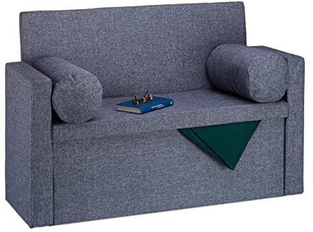 Relaxdays Sitzbank mit Lehne, 2 Kissenrollen, faltbar, Aufbewahrung, gepolstert, Flur, Sitztruhe 47 x 115 x 75 cm, Grau, Dunkelgrau