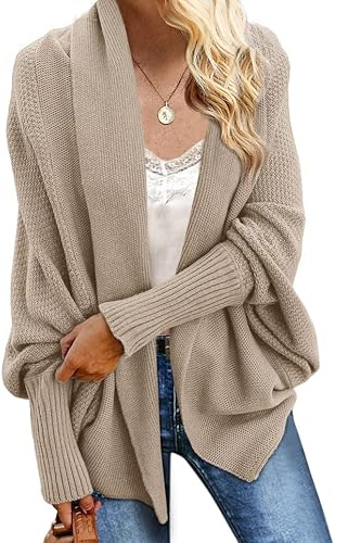 Imily Bela Women's Kimono Batwing Cable Knitted Slouchy Oversized Wrap Cardigan Sweater A-Khaki