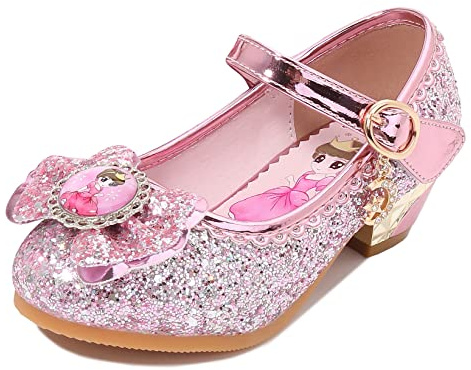 New front Niña Zapatos de Princesa Cumpleaños Regalo Zapatos de Vestir Tacón Altos Punta Cerrada Antideslizante Zapatos para Disfraz Navidad Carnaval Lentejuelas,Rosa,36