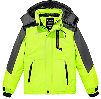 wantdo Boys' Winter Ski Coats Waterproof Snowboarding Jackets Hooded Fluorescent Green Size 8 9