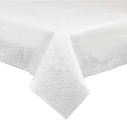 Disposable 3 Ply Paper & Plastic Tablecloth Absorbent, Waterproof, White Table Cover for Rectangle Tables fits 6-8 Foot Tables Size: 54'' X 108'' Pack of 5
