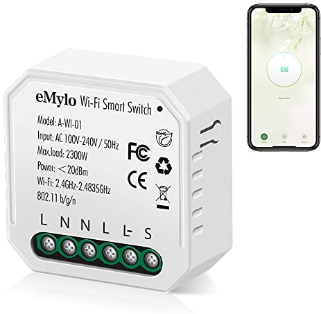 eMylo Módulo Relé WiFi Inteligente Mini 16A 1 Gang, Interruptor Encastrable AC 110-240V, Temporizador, Control Vocal Alexa Google Home, Compatible Tuya Smart Life