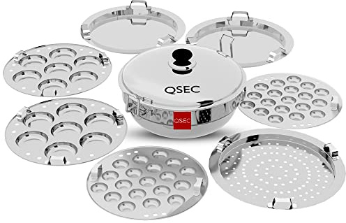 QSEC Stainless Steel Induction Base Idli Maker Multi Kadai Steamer & Stove with 7 Plates | 2 Mini Idli | 2 Dhokla | 1 Momo, 5 Liters