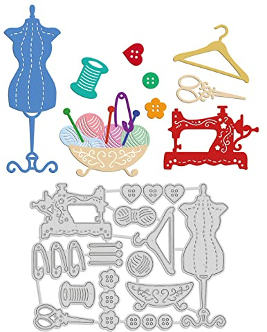 GLOBLELAND Stanzschablonen Schneider-Thema Metall Schneiden Schablonen Nähmaschine Garn Knöpfe Schere und Kleiderbügel Stanzformen für Kartenherstellung und DIY Scrapbooking Dekor