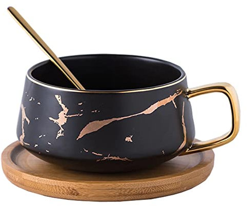 FBSHOP(TM) Juego de taza de café de cerámica de 10 oz con platillo de madera, juego de platillo de mano dorada europea (negro, taza y platillo)