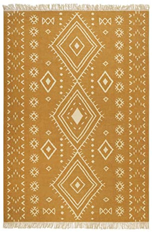 Kelim Teppich handgewebt - Naturfaser Läufer & Teppiche bestens geeignet fürs Wohnzimmer & Schlafzimmer, Handwebteppich & Wollteppich, nachhaltig & hochwertig, 80 x 150 cm, Senfgelb - Monaco