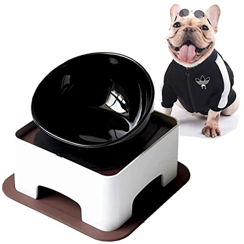 JWPC Bulldoggen-Futternapf, rutschfest, für Hunde und Katzen, Abnehmbarer Gummi-Futternapf, steril, geneigt, mit abgeschrägter Basis (Schwarz(Keramik), 1.5 Cup)