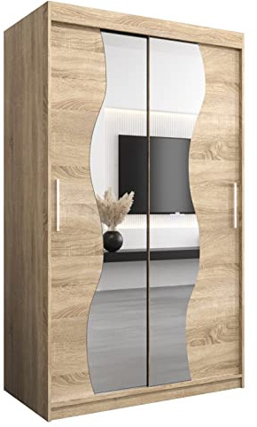 ABIKSMEBLE Armoire à Portes Coulissantes - Penderie Madryt - Meuble Porte Coulissante avec Miroir - Largeur 120cm, Hauteur 200cm, Profondeur 62 cm - Chêne Sonoma