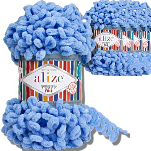 Alize 5x 100g Puffy Fine türkische Wolle Super Bulky Chenillegarn Babywolle Handstrickgarn ohne Nadel zum häkeln weiches Chenille-Garn XXL-Knäuel für Amigurumi (Blue | 112)