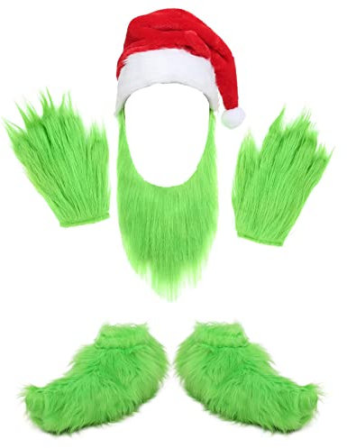 SINSEN 4 PCS Green Monster Beard Santa Hat with Furry Gloves Shoes Green Monster Plush Costume Accessories Cosplay for Christmas Halloween Party Adult Fancy Dress